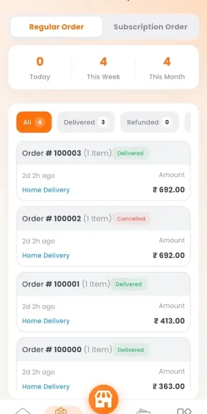 UberEats Clone Restaurant Order History showing regular and subscription orders with delivery, cancellation and refund filters