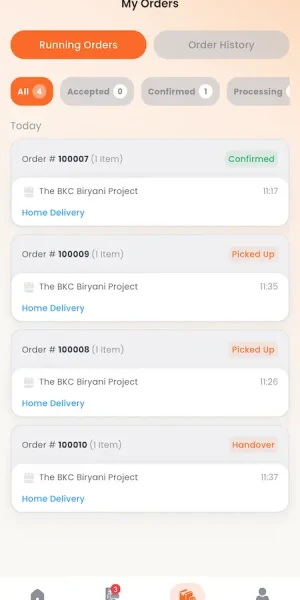 UberEats Clone Running Delivery Orders showing accepted, confirmed, picked-up and handover orders with live status