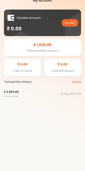 UberEats Clone Delivery Partner Wallet showing payable amount, withdrawals, cash in hand and transaction history